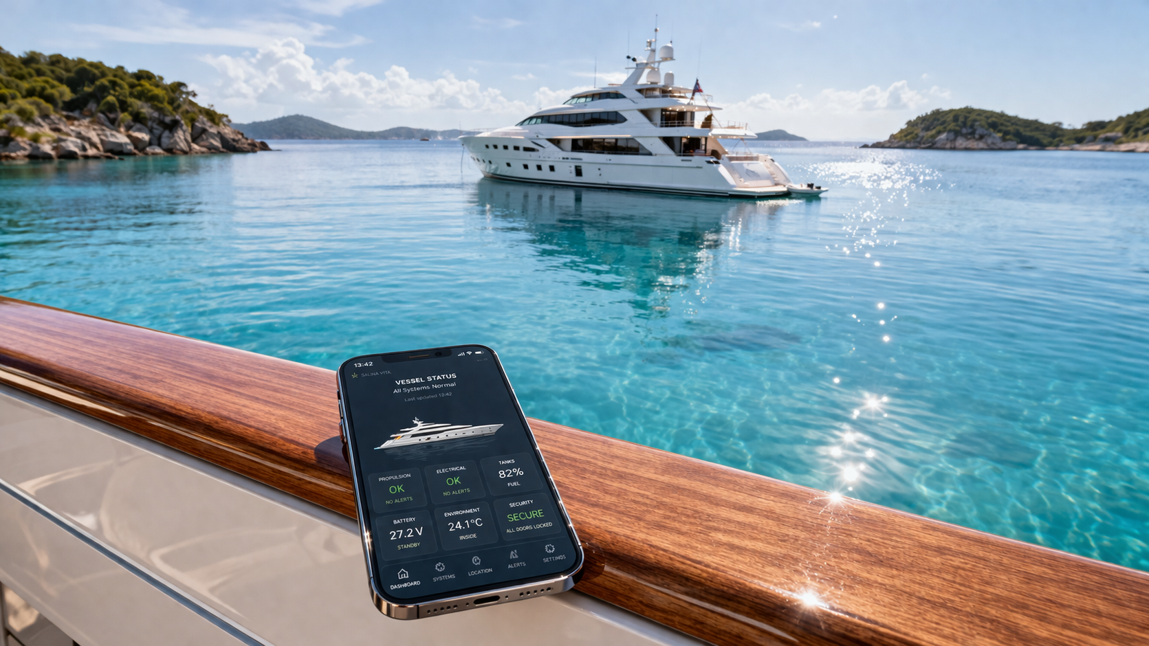 Ultra-photorealistic luxury yacht alone in a remote anchorage in the afternoon, mirror-flat water, smartphone on teak caprail showing elegant vessel monitoring dashboard, no people, understated high-end marine technology aesthetic, 16:9.
