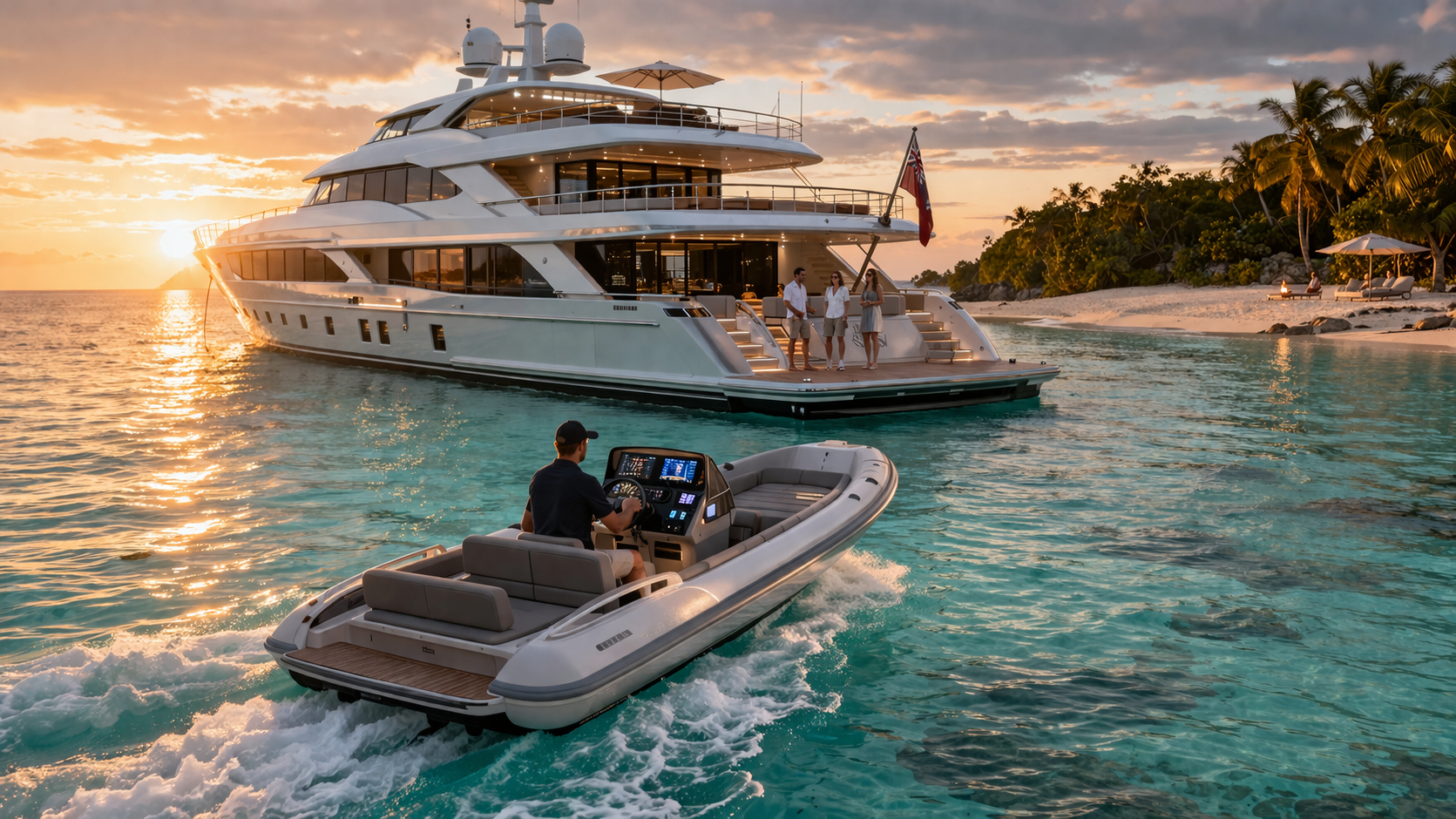 Ultra-photorealistic luxury yacht at anchor with premium tender departing for a secluded beach, crystal water, subtle helm electronics glow, no people visible, elegant marine safety atmosphere, 16:9.
