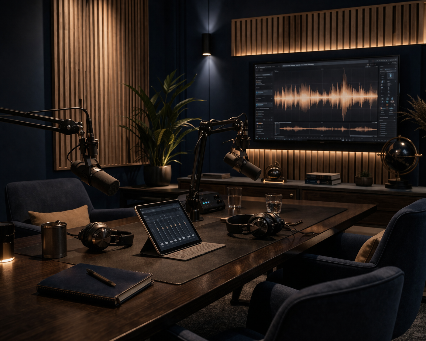 Dark-themed home office with a desk, computer setup, and decorative elements.