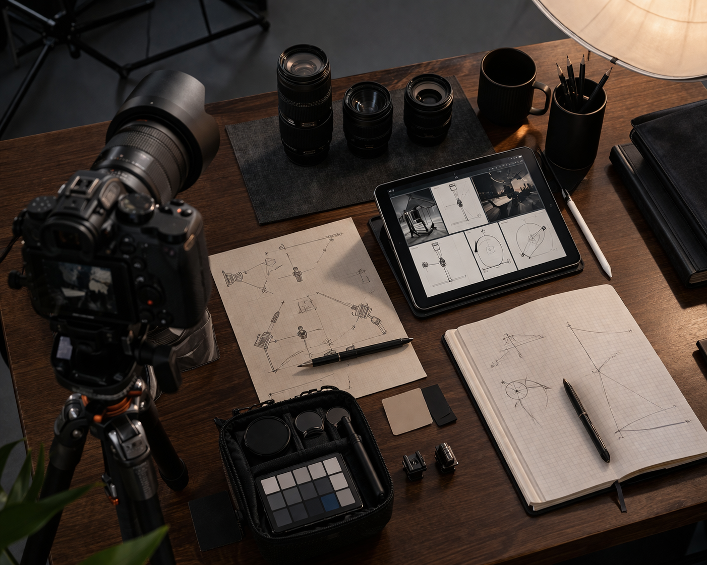 Camera setup on a wooden table with camera equipment, tablet, and sketches.