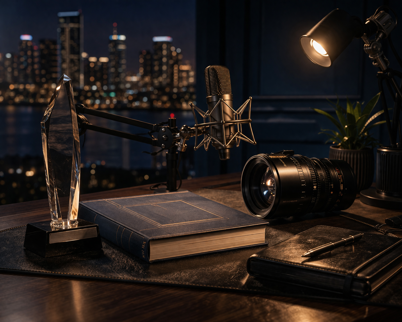 Desk setup with microphone, camera lens, book, and award against a cityscape background
