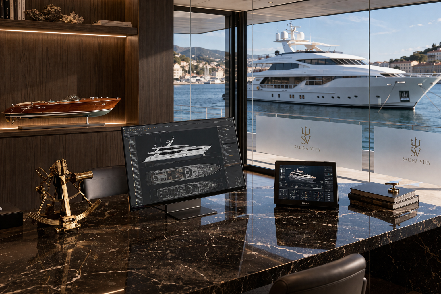 Modern office interior with yachts visible through large windows