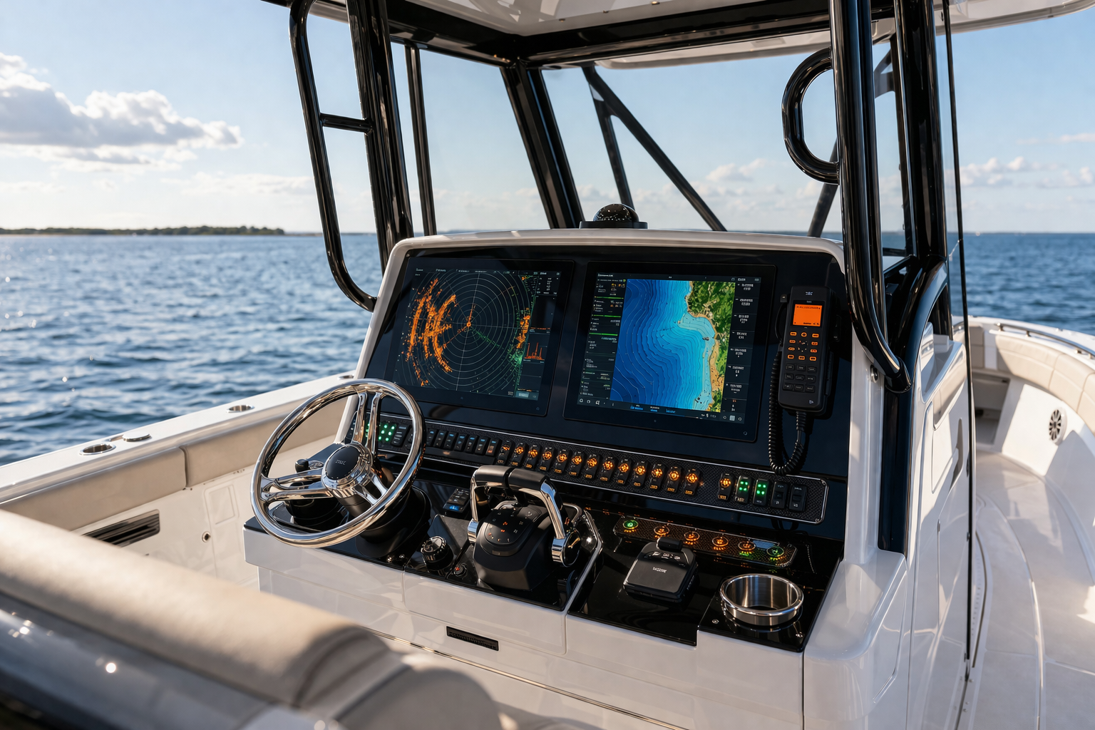 Nautical afternoon center-console helm under hardtop, twin flush MFDs, VHF and backlit switches, orange and lime interface glows reflecting across glossy black dash panels, white fiberglass surfaces, luxurious technical mood.