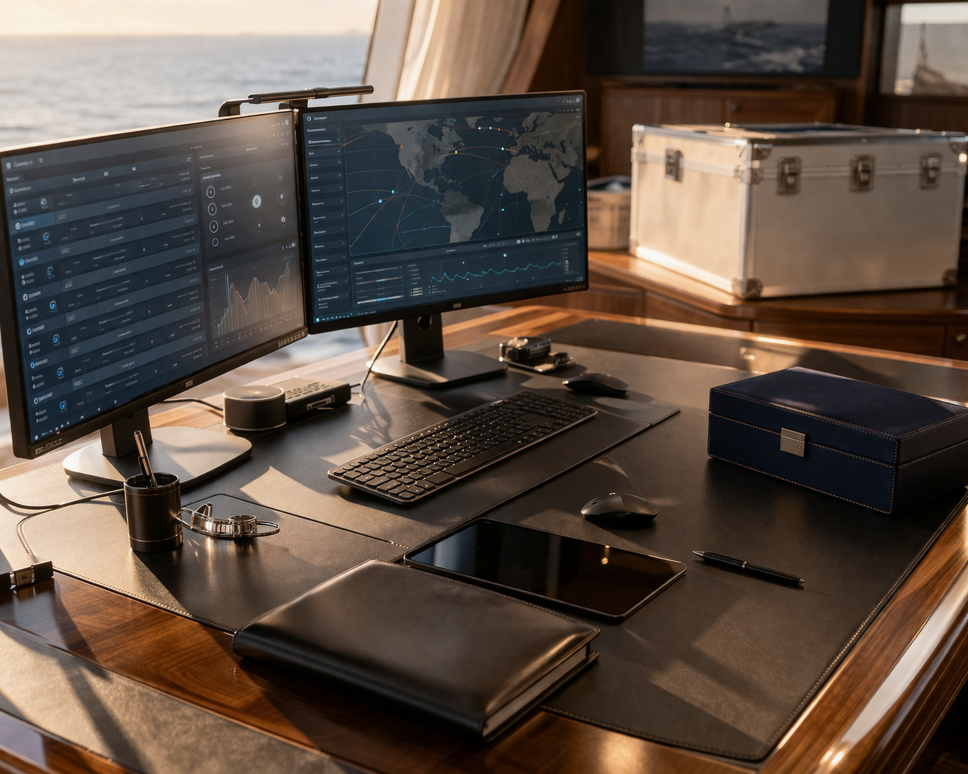 Desk setup with two monitors, keyboard, and mouse in a room with large windows.