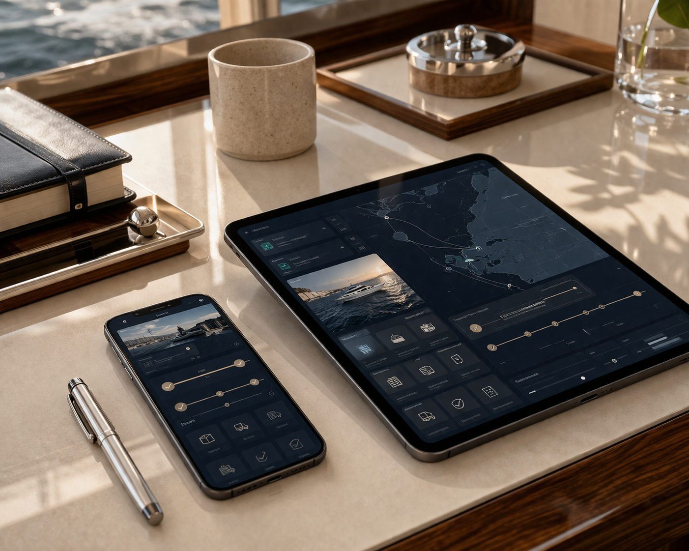 Tablet and smartphone displaying a map on a table with a scenic view.