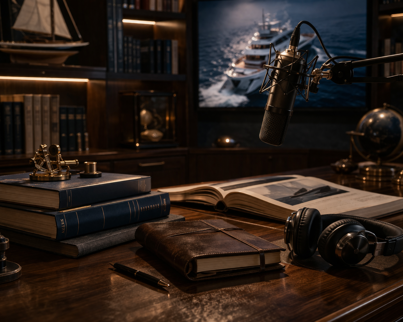 Studio setup with microphone, books, and headphones on a wooden surface.