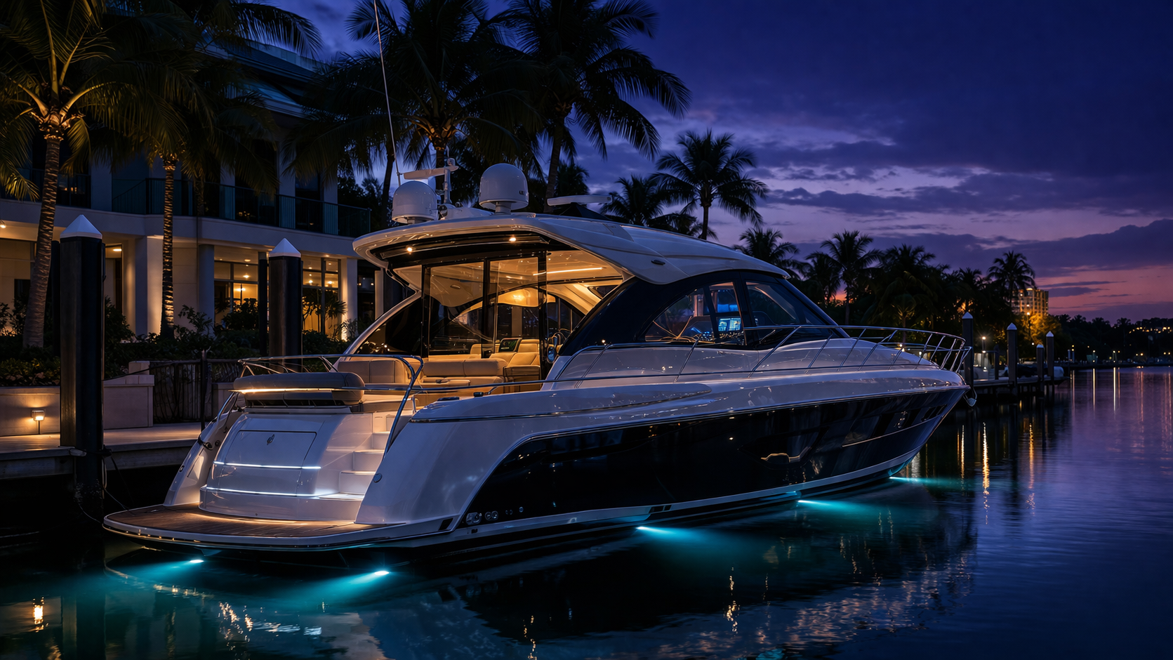A 60-foot luxury motor yacht moored at a high-end modern marina at twilight (blue hour). The yacht’s interior cabin and "Glass Bridge" helm are glowing with a warm amber and cool blue light. Subtle turquoise underwater LED lights reflect in the calm, glassy water of the canal. The backgrou