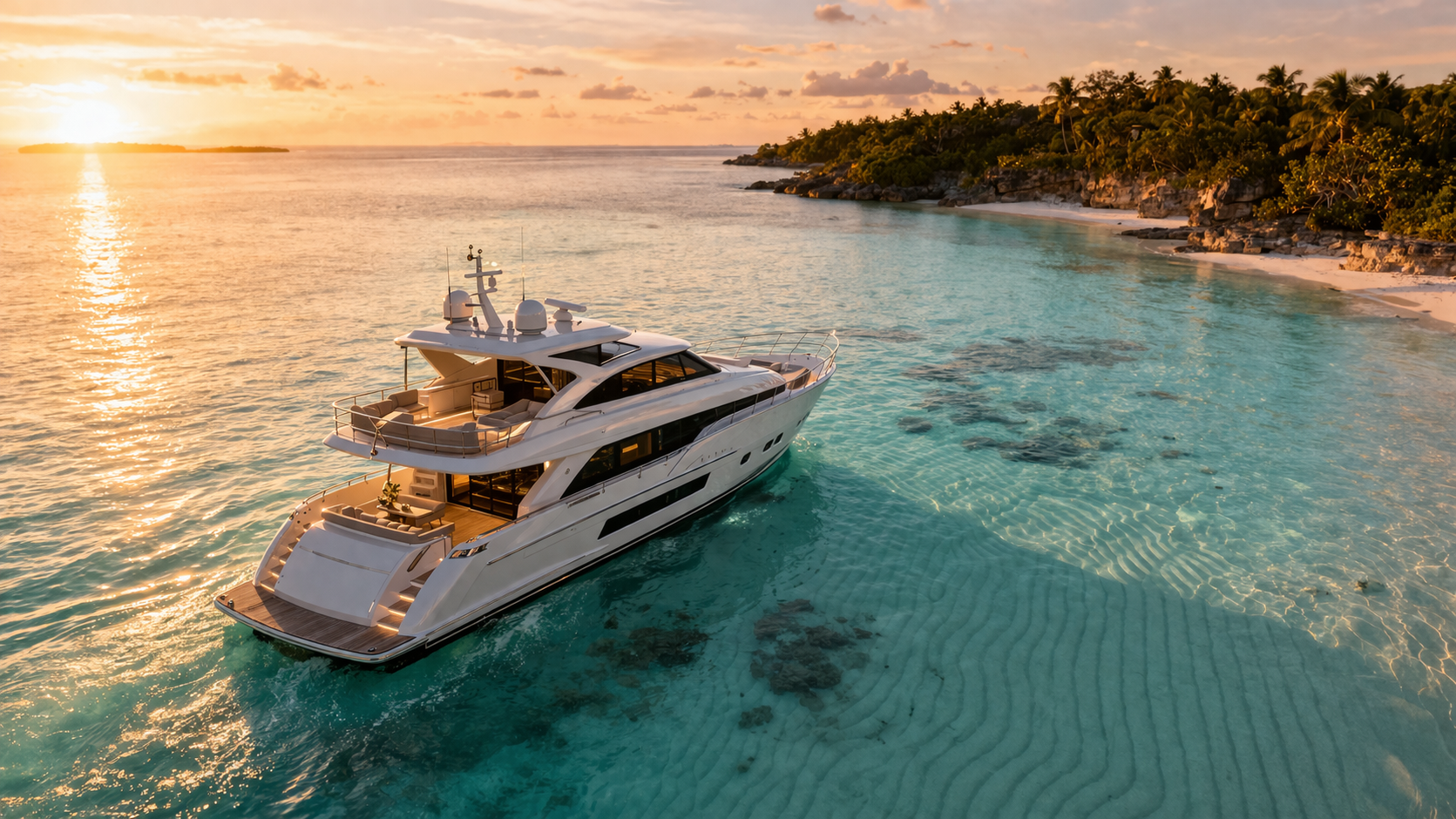 Ultra-photorealistic 16:9 luxury yacht approaching a secluded Bahamian anchorage, pale turquoise shallows, visible sand ripples, subtle glass-bridge glow, polished stainless, white gelcoat, no people, no logos, elegant editorial marine photography.