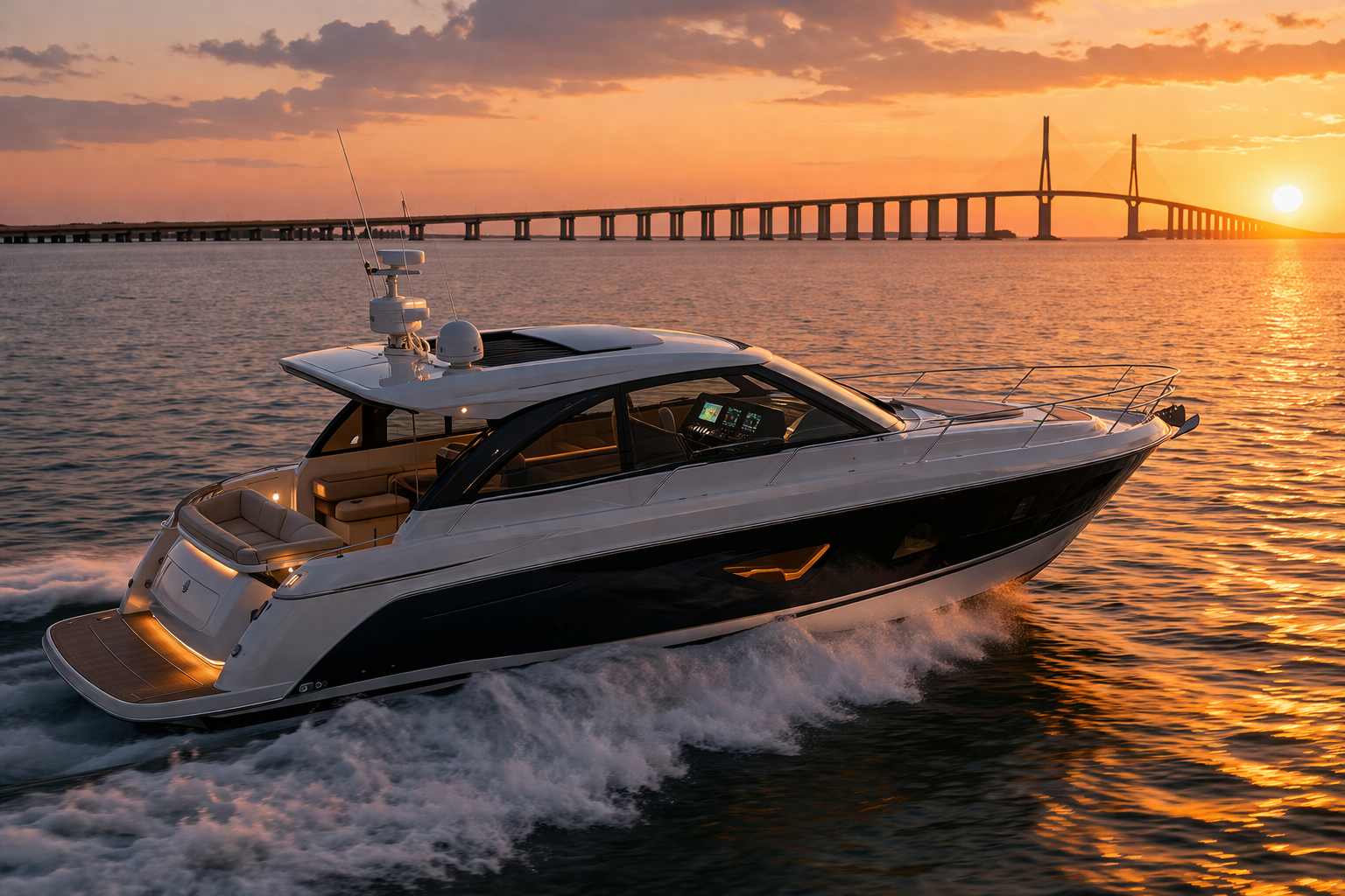 Side-profile aerial of a luxury express cruiser moving confidently through warm Florida sunset light, bridge electronics faintly glowing through the windshield, soft atmospheric haze, distant Skyway Bridge silhouette, refined editorial marine look.
