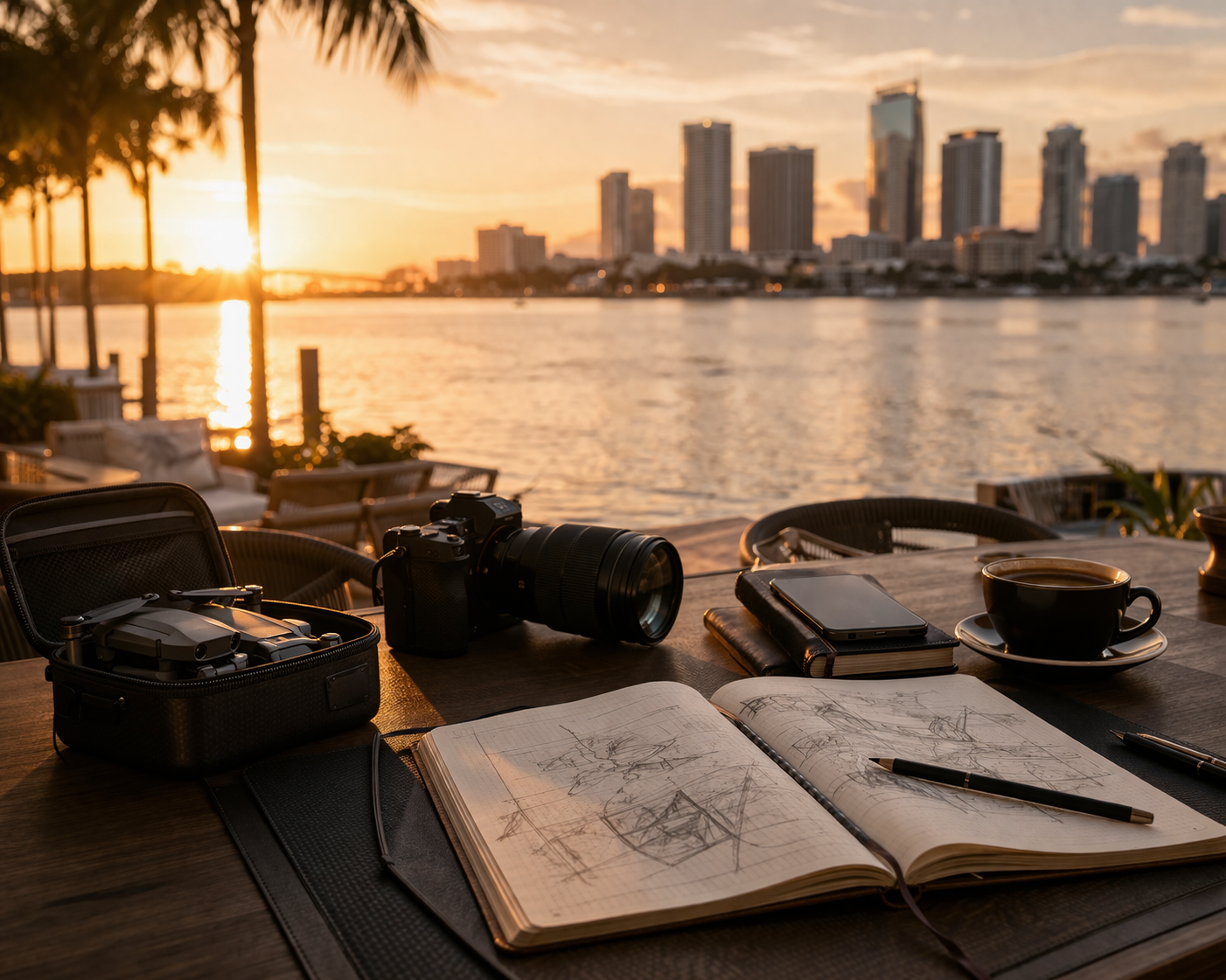 Camera, notebook, and coffee on a table with a city skyline and sunset in the background