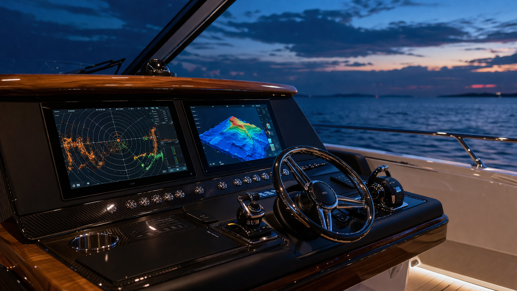 A 55-foot luxury sport yacht helm at blue hour, dual flush-mounted marine MFDs embedded in a matte-black dash with carbon fiber trim and a gloss teak brow, left screen showing a clean radar sweep with orange and green rings, right screen showing 3D bathymetry contours, polished stainless switchgear, empty helm, shallow reflections on the windscreen.
