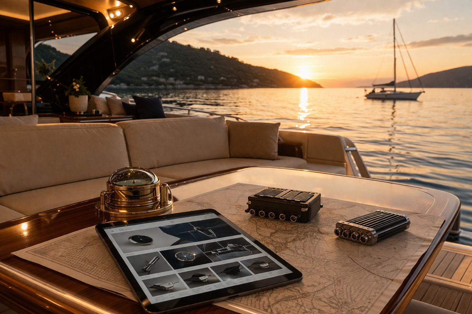 Sailing boat's interior with a tablet, compass, and navigation tools at sunset.