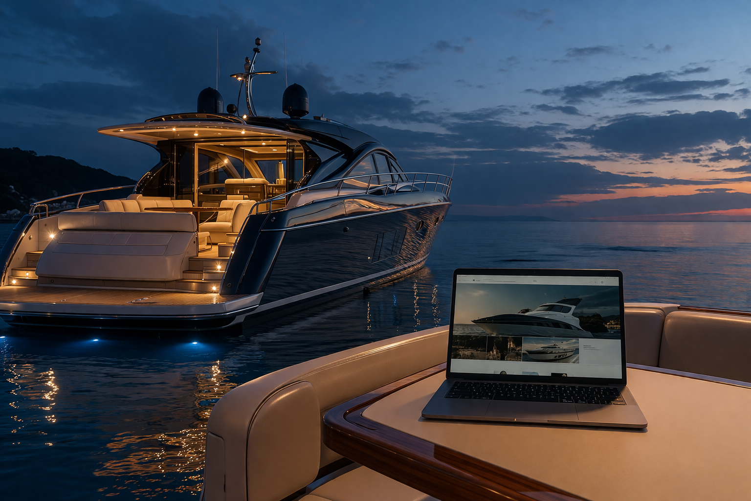 Laptop on a table displaying an image of a yacht, with a real yacht in the background at dusk.