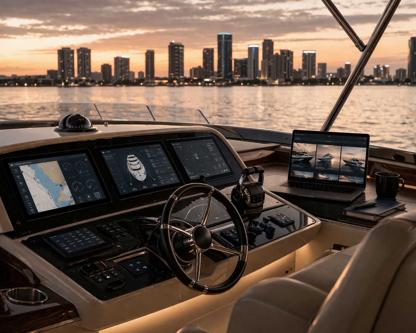 Yacht's dashboard with navigation screens and a city skyline in the background