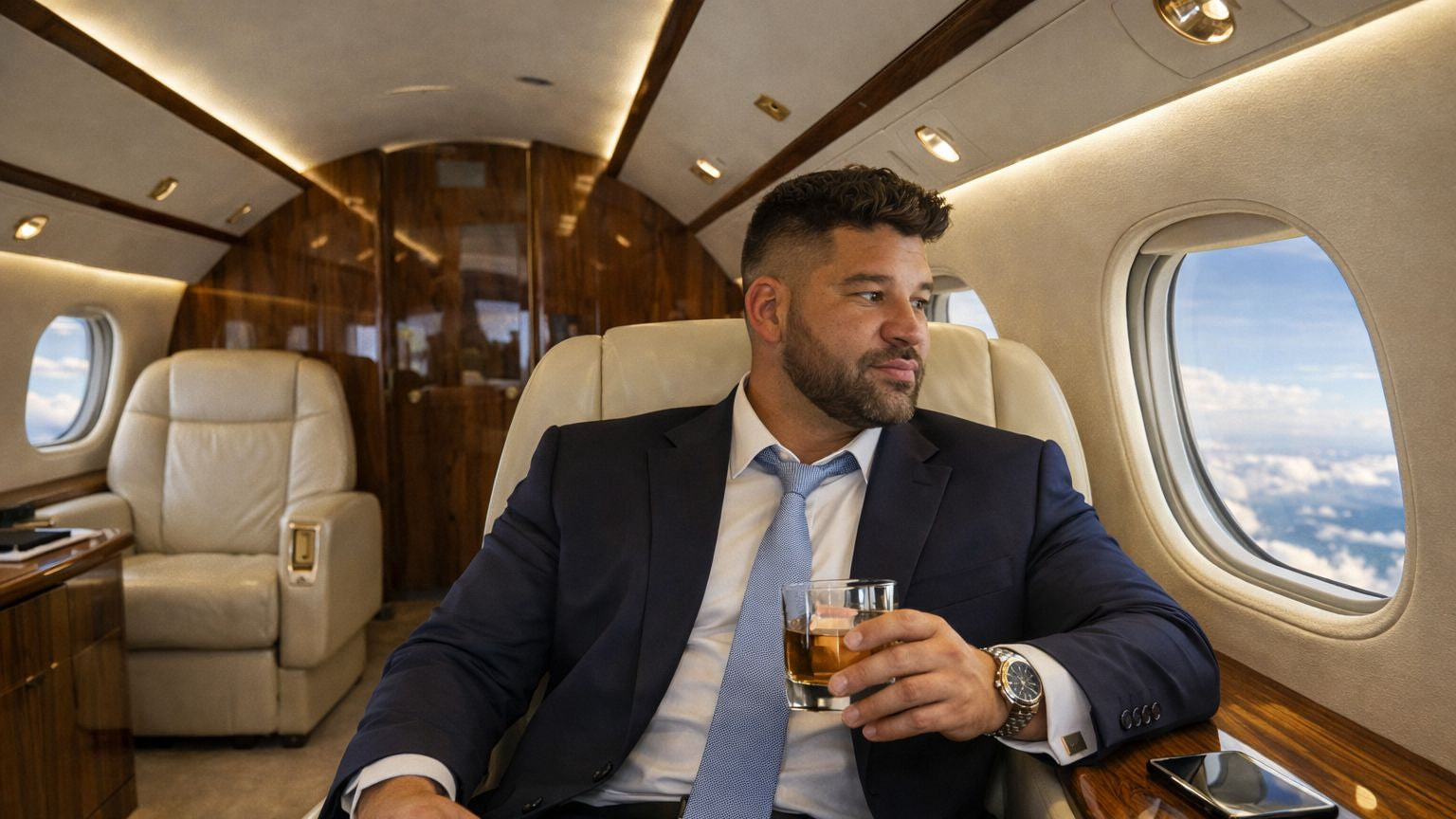 Sean Febre in a suit sitting in a private airplane cabin, holding a glass of whiskey.
