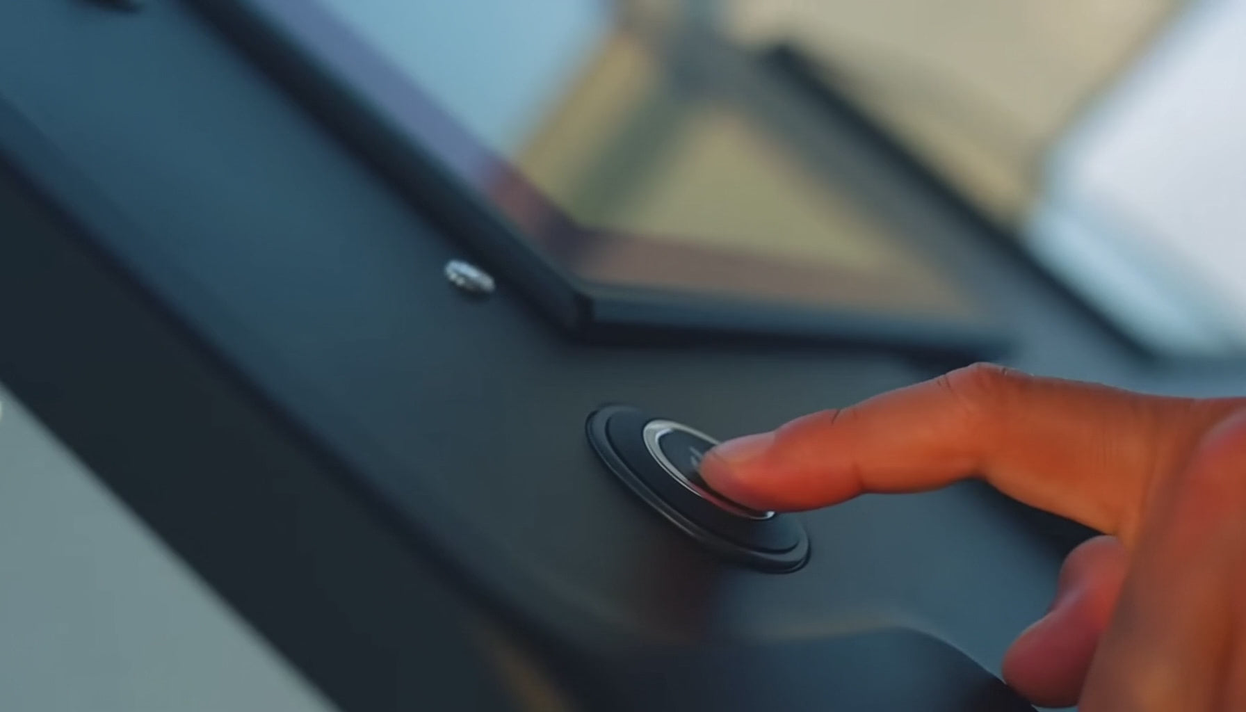 Load video: High-octane commercial for marine electronics. 4K, 60fps. Fast, rhythmic cuts. Scene 1: Macro of a finger pressing a glowing power button on a black glass dashboard. Scene 2: A neon green radar sweep spinning on a digital screen, transitioning to a white 6-foot open-array radar spinning on a yacht hardtop. Scene 3: A hand swiping across a 24-inch marine touchscreen showing a vibrant 3D underwater map. Scene 4: A stainless steel boat steering wheel moving on its own with precision.